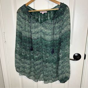 Calypso St. Barth Green Navy Blue Patterned 100% Silk Long Sleeve Blouse Sz S